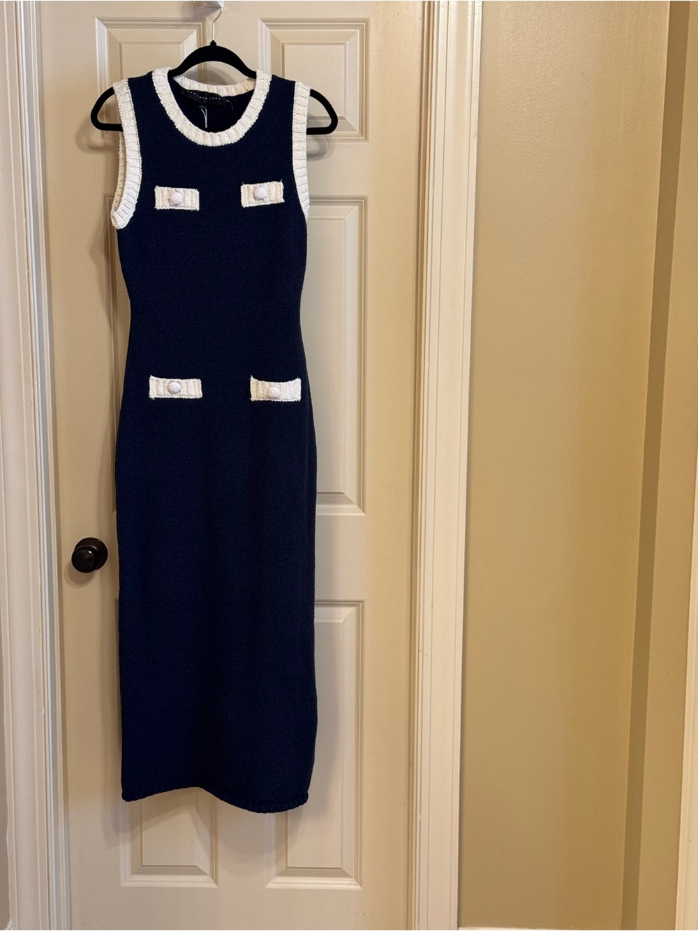 Endless Rose Navy Sleeveless Midi Dress with Cream color Trim
